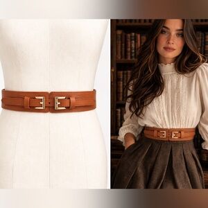 Boho Double Buckle Stretch Waist‎ Belt Faux Leather
